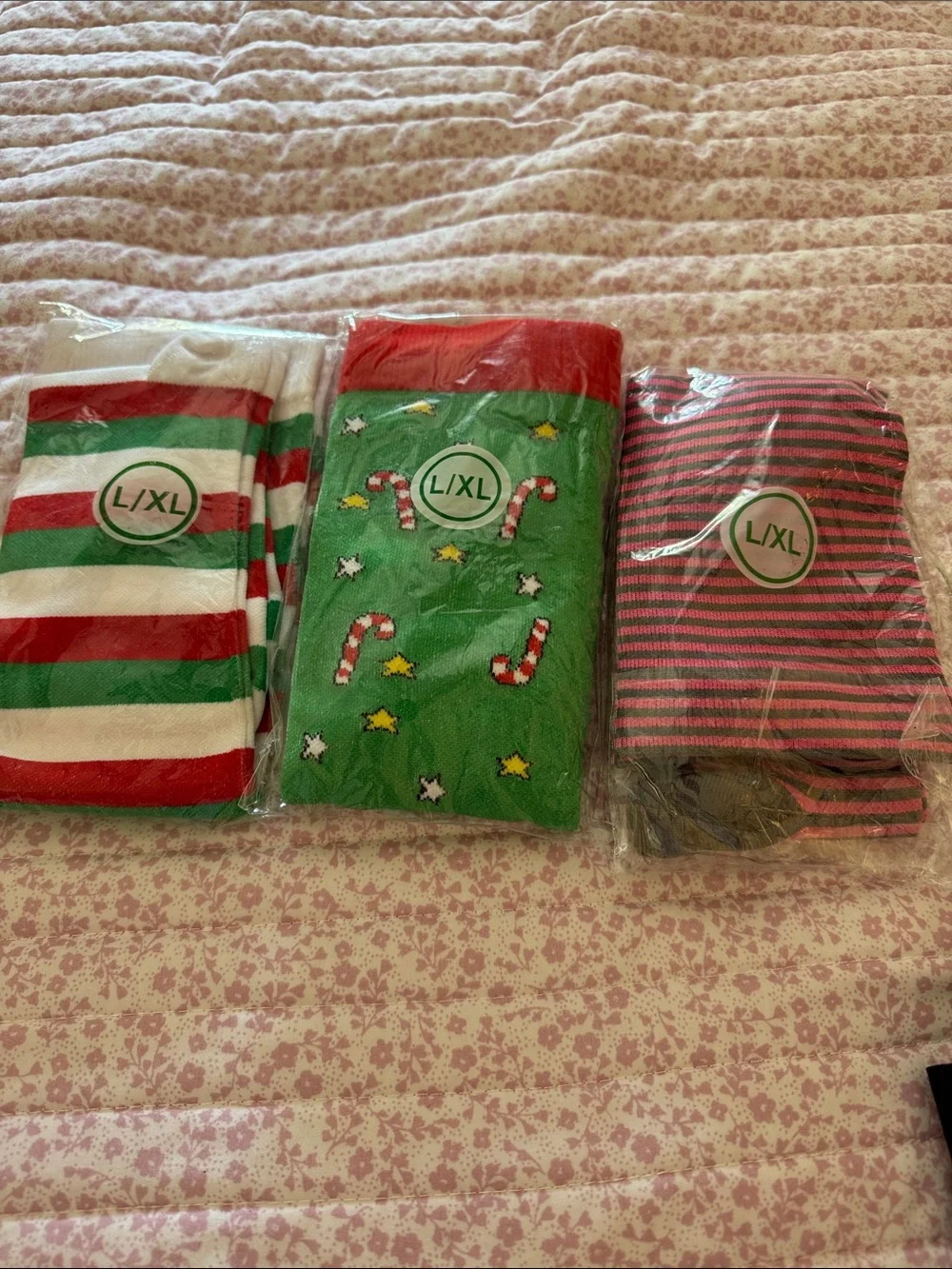 Holiday L/XL Socks Trio - Red, Green & Pink Stripes